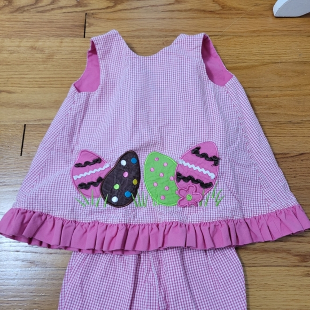 Toddler Girl Easter Outfit 24 M Pink Gingham Easter Eggs Pants Swing Top Ruffles - Picture 2 of 8